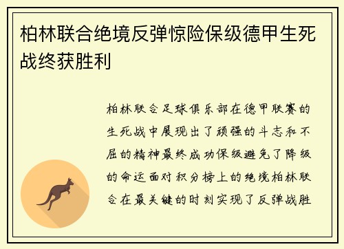 柏林联合绝境反弹惊险保级德甲生死战终获胜利